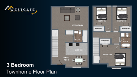 A floor plan of a 3 bedroom townhome.
